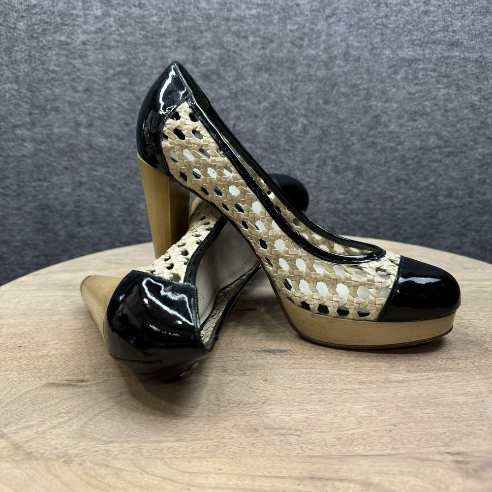 Cole Haan Black Patent & Natural Woven Platform Pumps